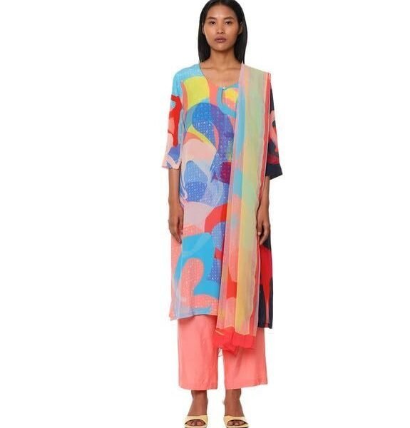 Peach Medium Crepe Printed Kurta Bottom Set for Women