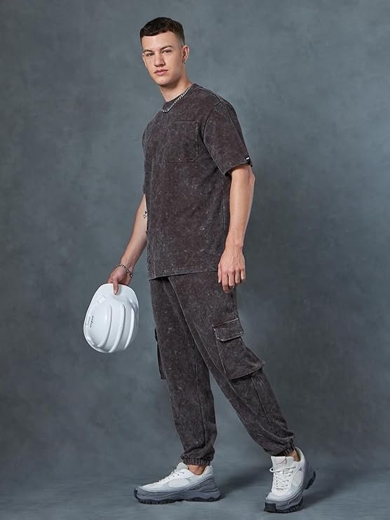 Bewakoof Heavy Duty 1.0 Men's Self Design Oversized Fit Half Sleeve Round Neck Terry Acid Wash Co-Ordinates T-Shirt