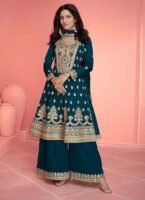 Miss Ethnik Women's Pink Vichitra Silk Stitched Top With Stitched Vichitra Silk Bottom and Vichitra silk Dupatta Full Sleeve Embroidered Straight Kurta