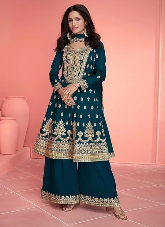 Miss Ethnik Women's Pink Vichitra Silk Stitched Top With Stitched Vichitra Silk Bottom and Vichitra silk Dupatta Full Sleeve Embroidered Straight Kurta