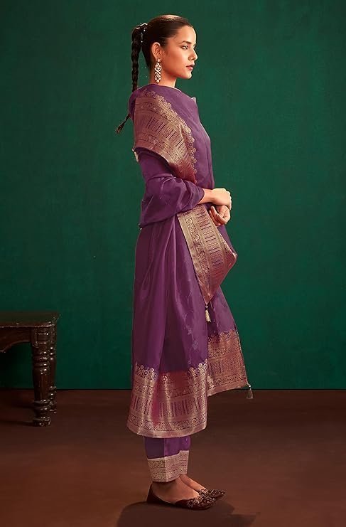 Janasya Women's Organza Jacquard Straight Kurta Set