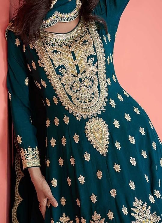 Miss Ethnik Women's Pink Vichitra Silk Stitched Top With Stitched Vichitra Silk Bottom and Vichitra silk Dupatta Full Sleeve Embroidered Straight Kurta