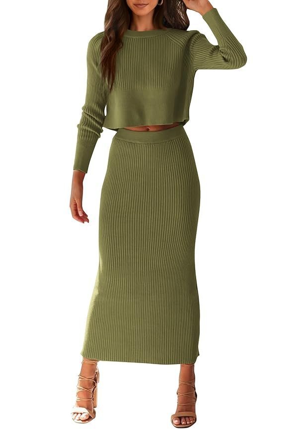 Women's Fall 2 Piece Sweater Set Rib Knit Long Sleeve Crop Top Maxi Bodycon Skirt Casual Winter Outfits