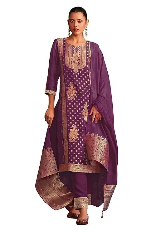 Janasya Women's Organza Jacquard Straight Kurta Set