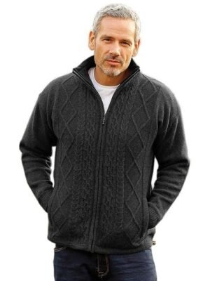 Men's Irish Wool Sweater, Full Zip, Front Pockets, Lined Interior, Gray