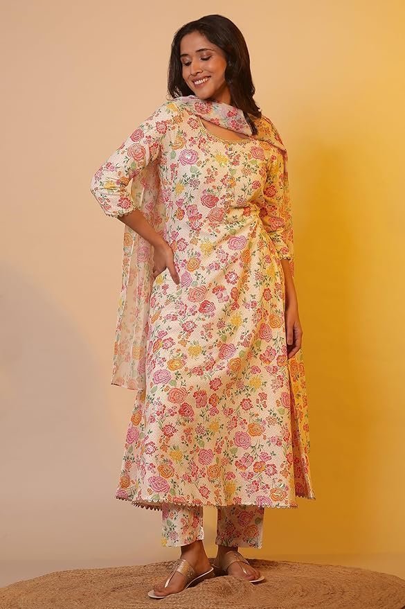 Aurelia Women White Floral Print Viscose Kurta Set with Trousers & Dupatta