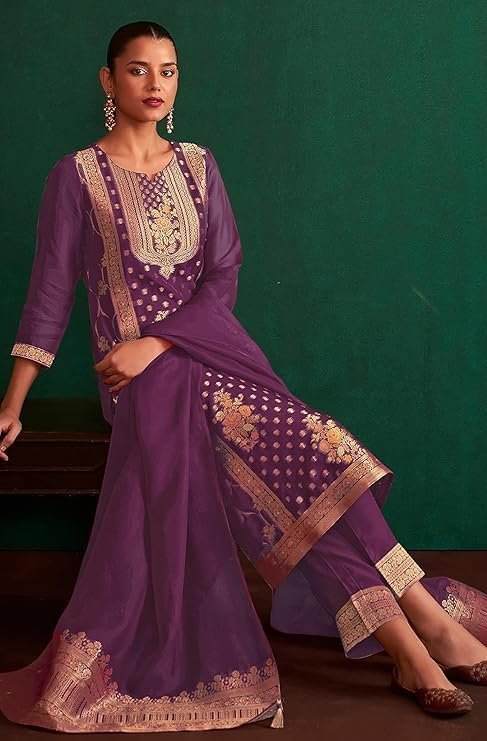 Janasya Women's Organza Jacquard Straight Kurta Set