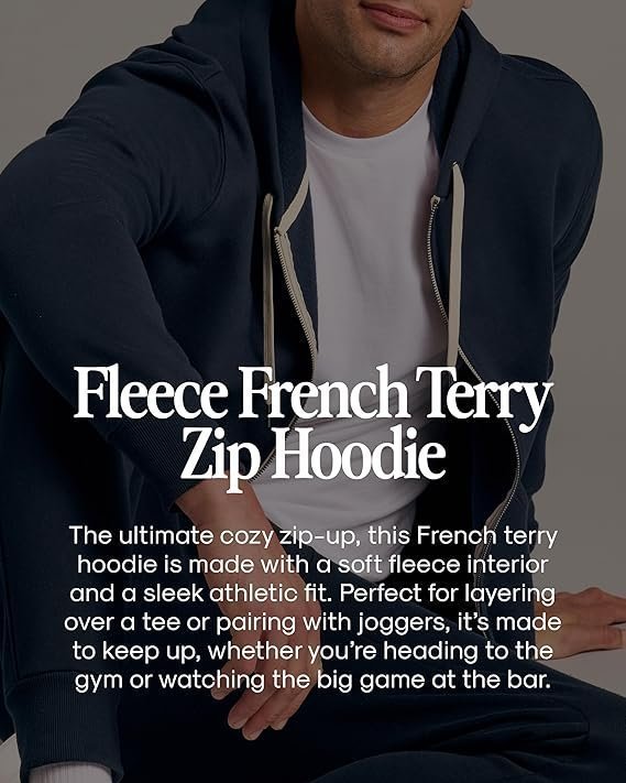Classic Men's Fleece French Terry Zip Hoodie, Zip-up French Terry Fleece Hooded Sweatshirt Jacket for Men
