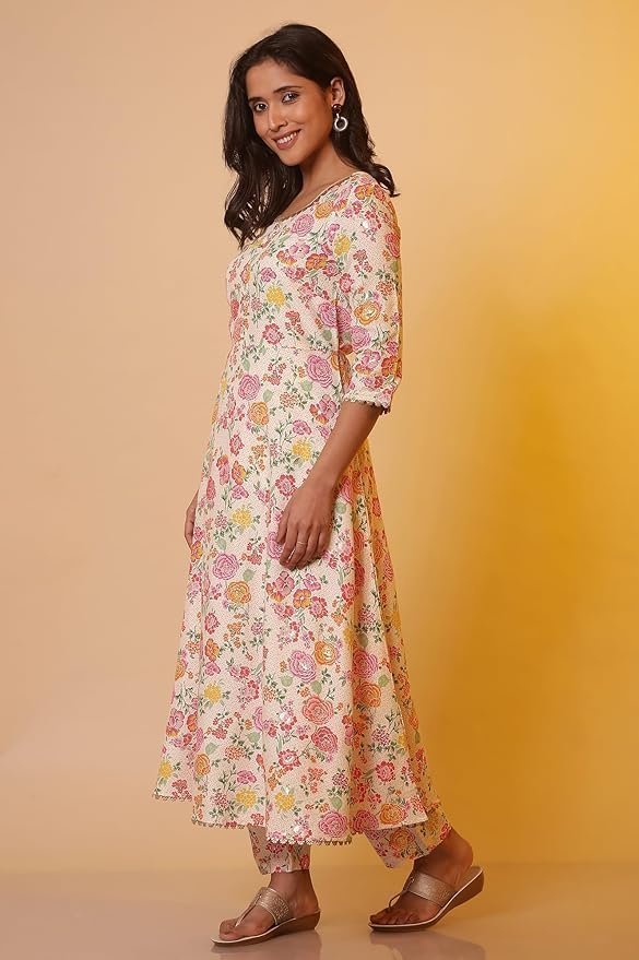 Aurelia Women White Floral Print Viscose Kurta Set with Trousers & Dupatta