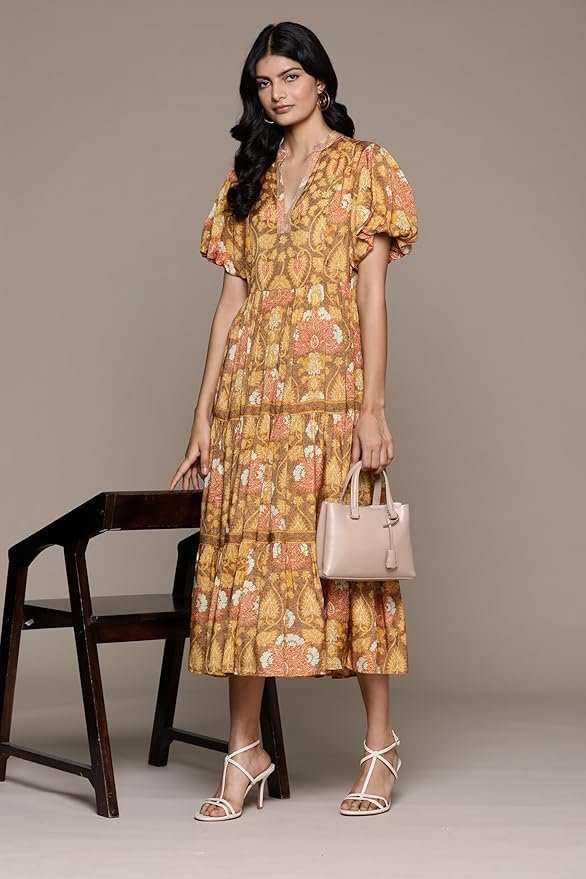 Kumar Yellow Paisley Print Long Dress