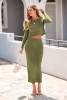 Women's Fall 2 Piece Sweater Set Rib Knit Long Sleeve Crop Top Maxi Bodycon Skirt Casual Winter Outfits